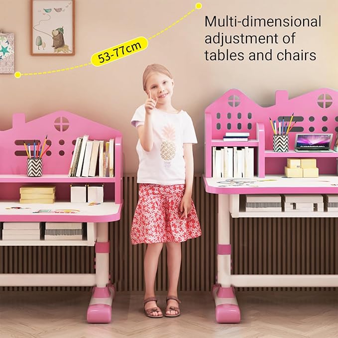 Kids Functional Desk and Chair Set, Ergonomic Height Adjustable Children School Study Desk with Bookstand Widened, Study Table Storage Drawer for Boys Girls(Pink) Pink