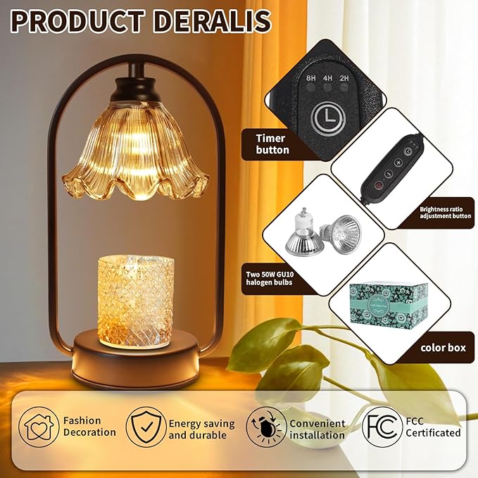 Candle Warmer Lamp with Timer: Black Metal Frame and 4 Dimmer, Heater Wax Warmer for Jar Scented, Home Décor and Housewarming & Birthday Gift for Mom Woman, 2 Bulbs (Crystal Flower & Gray)