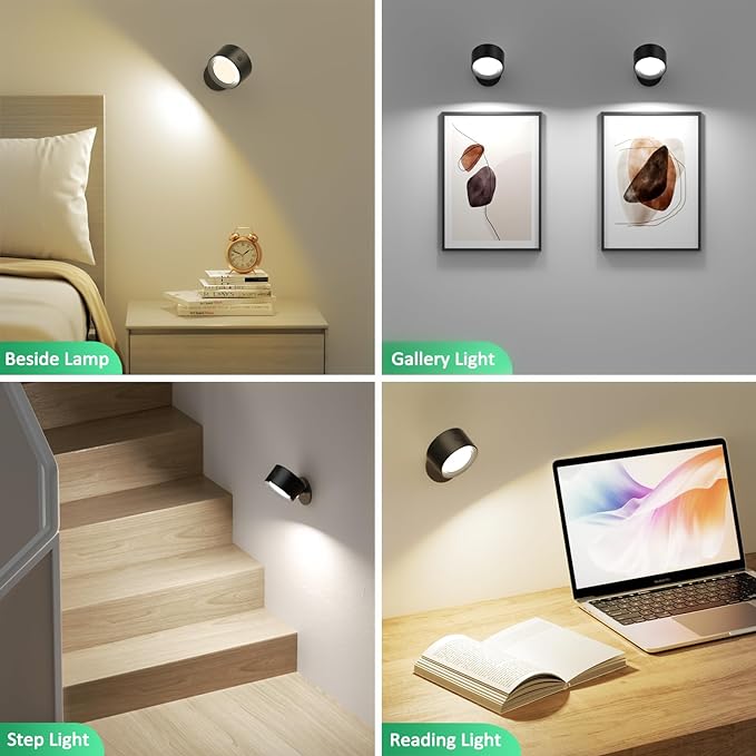 Lightbiz LED Wall Mounted Lights 3 Pcs with Remote, Wall Sconces Lamp 3000mAh Rechargeable Battery Operated, 3 Color Temperatures & Dimmable Magnetic 360° Rotation Cordless Light for Bedroom Bedside