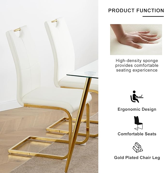 Goujxcy Round Dining Table Set for 6, Modern Glass Kitchen Table and Chairs Set of 6, 7 Piece Dining Room Table Set with 47" Circle Gold Metal Glass Dinner Table and 6 White Leather Dining Chairs