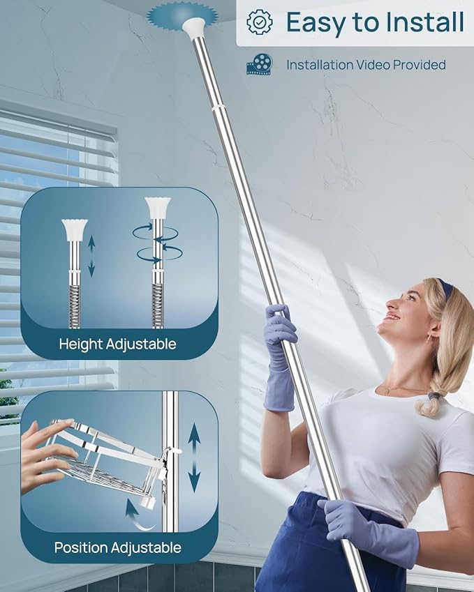 SEIRIONE Rustproof Shower Corner Caddy Organizer for Bathroom, 4 Adjustable Shelves with Tension Pole, for Bathtub Shampoo Accessories Storage Holder, 34 to 116 Inch Height