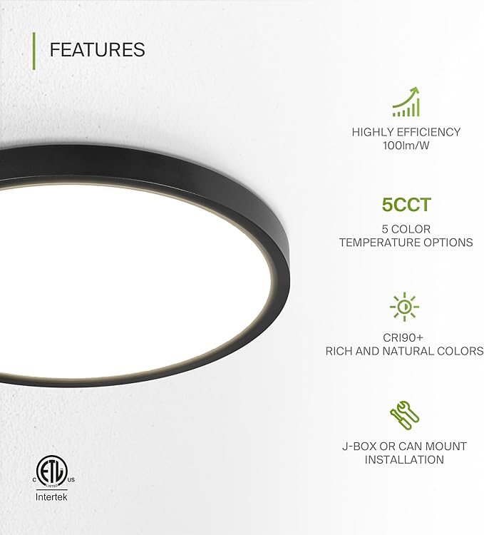 ASD LED 12" Round Flush Mount Ceiling Light Fixture, Low Profile Surface Lighting | 5CCT, Dimmable, Ultra-Thin, ETL Listed | 24W 2000LM 2700-6000K 100-277V | Kitchen, Bedroom, Hallway Lamp | Black
