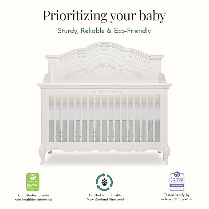 évolur Aurora 5-in-1 Convertible Full-Size Baby Crib in Ivory Lace, GreenGuard Gold & JPMA, 3 Mattress HeightsRibbon Bow Scrollwork & Queen Anne Feet, Converts to Toddler, Day & Full-Size Bed