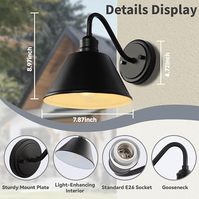 2-Pack Gooseneck Outdoor Light Fixtures, Outdoor Wall Sconces, Farmhouse Barn Light for Porch, Matte Black Iron Wall Light, Waterproof & Anti-Rust, Garage, Patio, Garden, E26 Base