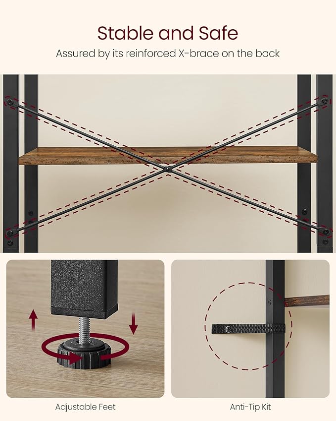 VASAGLE 4-Tier Bookshelf, Bookcase with Steel Frame, Book Shelf for Living Room, Home Office, Study, 11.8 x 26 x 47 Inches, Industrial Style, Rustic Brown and Ink Black ULLS60BX