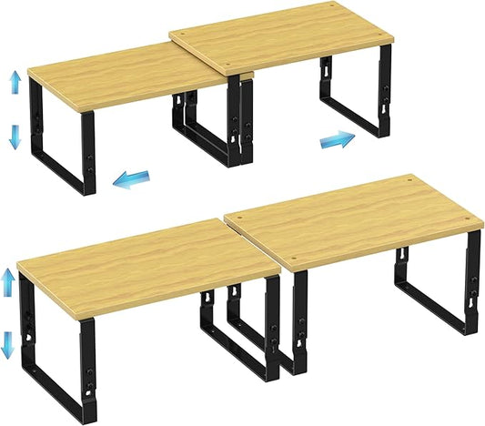 Expandable Kitchen Cabinet Organizer Shelves – Stackable Adjustable Metal and Wood Storage Racks for Countertop, Pantry, Garage Set of 2 Spice Rack – Easy Assembly, Space-Saving(2 Packs/Medium/Black)