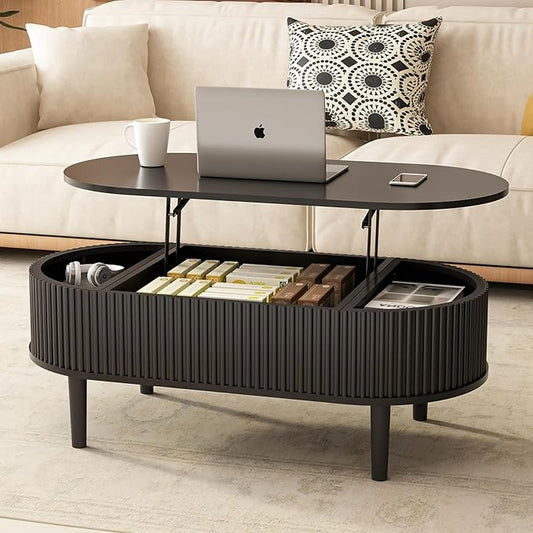Ludatido 39 Inch Lift Top Coffee Table with 3 Storage for Living Room, Oval Coffee Table with Hidden Compartment, Fully Wooden Center Easy to Assembled for Home Living Room Office Black