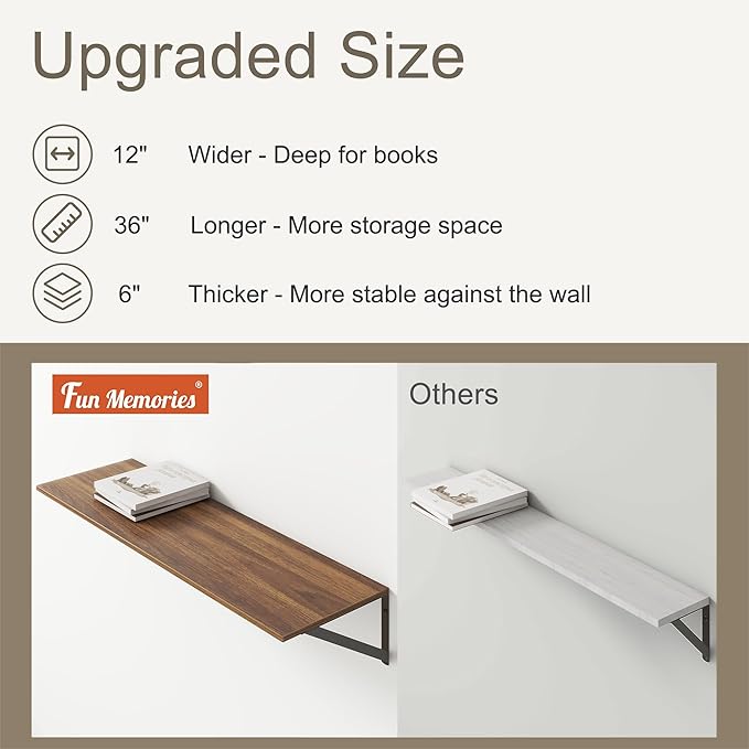 36"W x 12"D Floating Shelves, Walnut Deep Floating Shelves for Wall with Brackets, 12 Inch Deep Wall Shelves for Books, Wide Display Storage Shelves for Bathroom, Living Room, 36 Inch Long, Set of 2