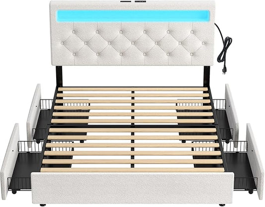 Rolanstar Full Size Bed Frame with Charging Station and LED Lights, Upholstered Bed with Adjustable Headboard and 4 Storage Drawers, No Box Spring Needed, Easy Assembly, White