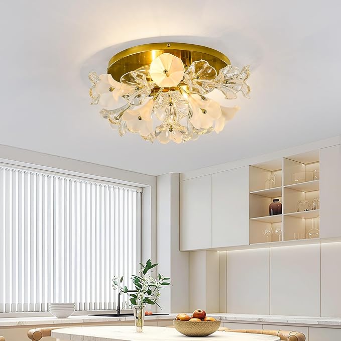 2-Light Modern Glass Flush Mount Ceiling Light Fixture Vintage Gold Chandelier Metal E12 Ceiling Lamp for Farmhouse Hallway Bedroom Kitchen Living Room Closet