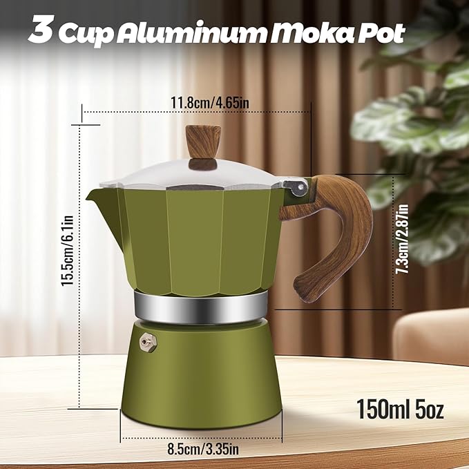 3 Cup Aluminum Moka Pot Classic Stovetop Espresso Coffee Maker 150ml 5oz Coffeemaker Percolator Mocha Pot Greca Coffee Maker Cafe Makers for Italian and Cuban Café Brewing Green