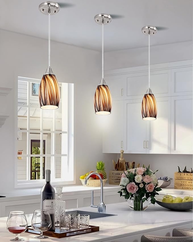Mini Pendant Lights Kitchen Island,Blown Art Glass Pendant Light Fixtures with Brush Nickel Finish Coffee Brown Hanging Lamp Shade for Kitchen Over Sink,Hallway,Bathroom Dining Room