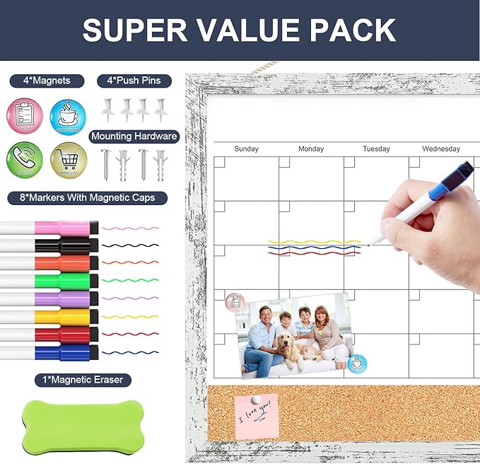 Dry Erase Calendar for Wall, 17x13 Inches Whiteboard Calendar Cork Board Combo, Magnetic Small White Board with Wood Framed, Hanging Dry Erase Board for Office Kitchen Home Planner Memo