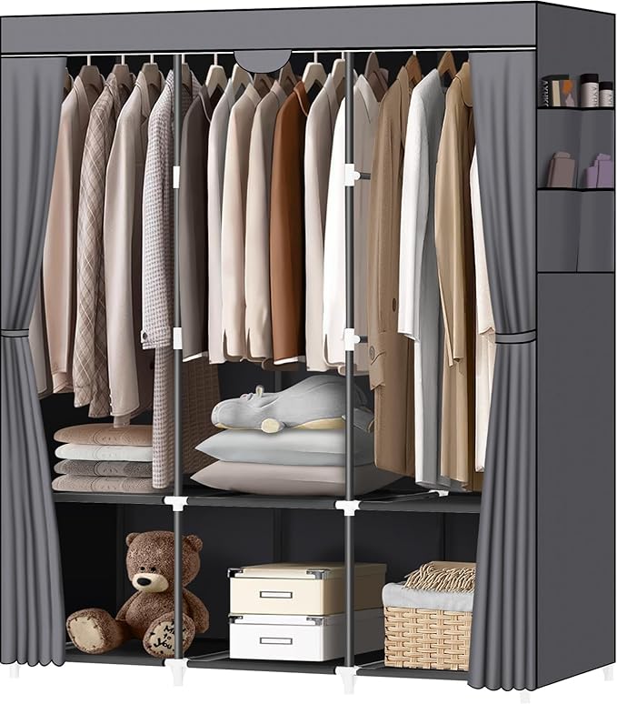 LOKEME Portable Closet, Wardrobe Closet with 3 Hanging Rods and 6 Storage Shelves and 4 Side Pockets, Gray Portable Closets for Hanging Clothes Easy to Assemble and Strong and Stable