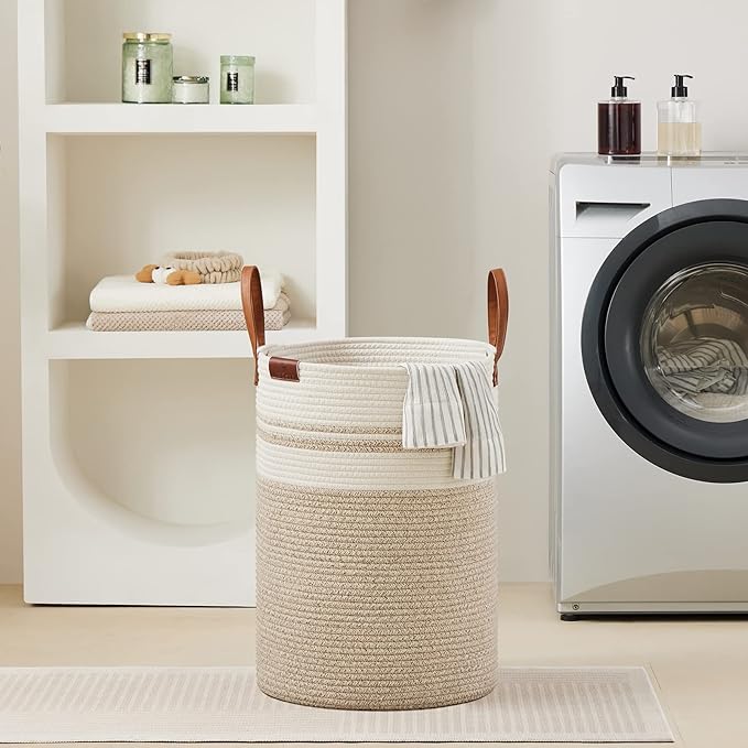 VIPOSCO Tall Laundry Basket, Large Dirty Clothes Hamper with Leather Handle, Woven Rope Storage Basket for Blanket, Toy In Living Room, Bathroom, Bedroom - 72L Brown & White