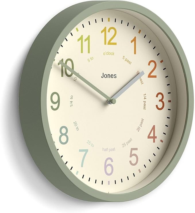 JONES CLOCKS® Kids Wall Clock | Small Modern Children’s Clock | 10 inch | Sage Green | Colourful Numbers | Learn to Tell The time