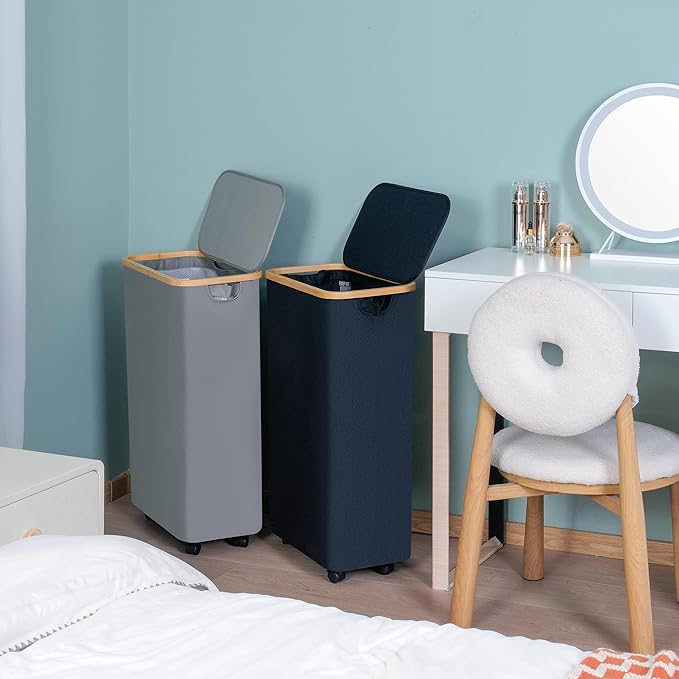 efluky Slim Laundry Basket with Wheels, Narrow Rolling Laundry Hamper with Lid and Removable Bag, Aesthetic Dirty Clothes Hamper on Wheels for Laundry Room, Bedroom, Dorm and Bathroom, 75L Dark Black