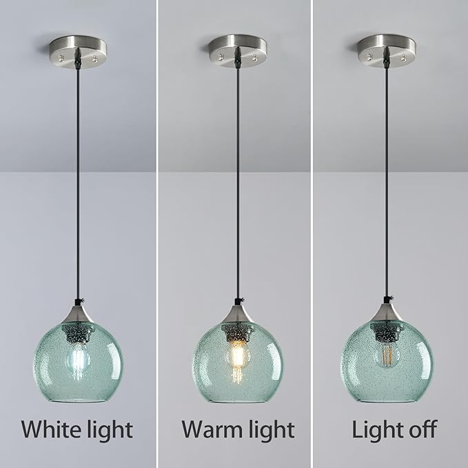 Light Green Glass Pendant Lights Kitchen Island Globe Pendant Light Fixtures Modern Pendant Lighting for Bedroom Living Dining Room Light Fixture (5.9 in, 2 Pack)