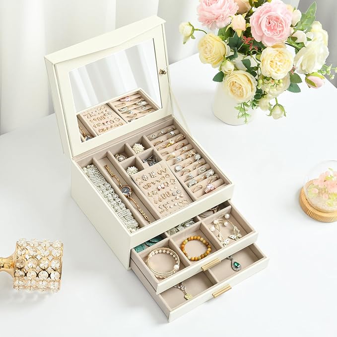 Amearea Jewelry Box Organizer for Women Girls with Mirror, 3-Layer Large Jewelry Storage Case, Synthetic Leather Jewelry Holder Organizer with Removable Tray for Necklaces Earrings Rings, White