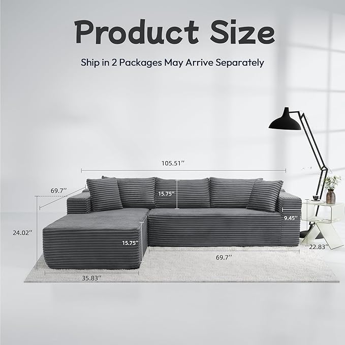 105" Cloud Sectional Couch with L-Shape Chaise,Modern Modular Sofa with Deep Seat, Fluffy Boneless Couches for Living Room Bedroom,No Assembly Required, Dark Gray (Plush Flannel Fabric)