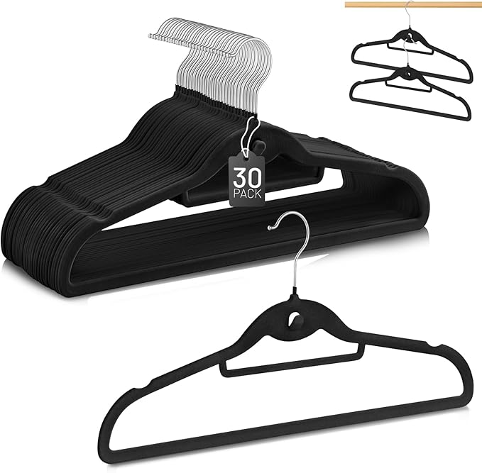 Velvet Hangers 30 Pack, STOPKLAS Black Clothes Hanger Non Slip Felt Hangers with 360° Swivel Hook, Thin Hanger Space Saving, Heavy Duty Closet Hanger for Clothes, Coats, Suits, Dress, Pants