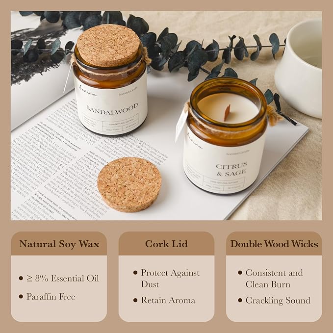 Scented Candle, 7.05 oz Sandalwood Aromatherapy Candle, Natural Soy Wax with Wooden Wick, Candles for Home Scented, Stress Relief Amber Jar Candle Gifts