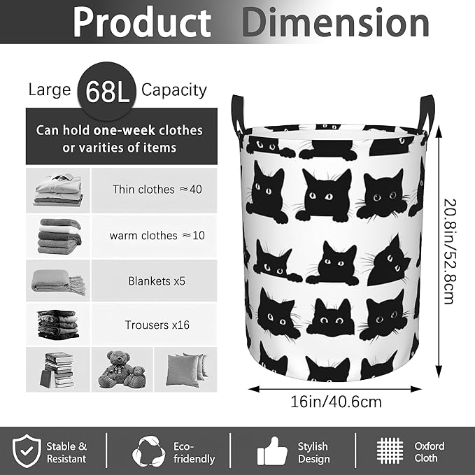 Black Cat Cute Laundry Basket,Waterproof Laundry Hamper,Collapsible Organizer Basket for Storage Bin Toy Bins, Dirty Clothes Laundry Basket for Living Room/Bathroom/Bedroom