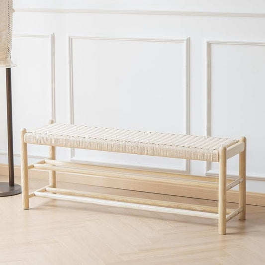Solid Wood Entryway Bench with Shoe Storage, Rustic Oak Wood and Woven Design 45 Inch Long Seating for Living and Dining Rooms, 3-Tier Nature