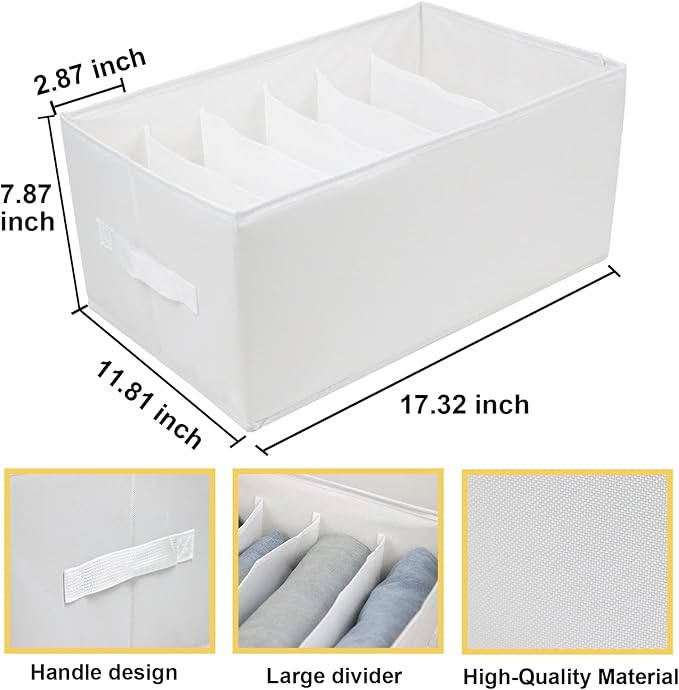 Extra Large Clothes Closet Organizer 6 Compartments for Jean Sweater Sheets to Shirt - Divided Clothing Storage Boxes for Closet, Wordrobe, Bedroom, Shelf (4pc White)