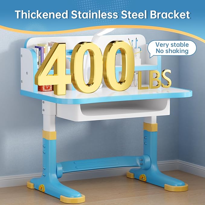 Kids Desk and Chair Set, Height Adjustable Child's School Study Writing Tables, Kids Desk with Bookstand and Storage Drawer, Widened Desktop with Desktop for Boys and Girls