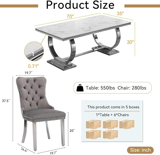 Goujxcy 7 Piece Marble Dining Table Set for 6, Luxury 70" White Marble Silver Kitchen Table with 6 Grey Velvet Upholstered Chairs, Modern 6 Person Dining Room Table Set for Kicken Dining Office Room