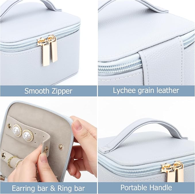 DesignSter Small Jewelry Box, Travel Small Jewelry Organizer with Earring Tray and Ring Holder, Square Travel Jewelry Storage Case with 6 Velvet Jewelry Pouches, Blue Gray