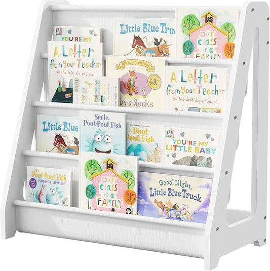 NACHES 4-Tier Fabric Kids Bookshelf, Large Capacity Montessori Sling Bookcase with 4 Deep Pockets, Magazine and Book Storage Rack for Nursery, Kids Room, Bedroom, Playroom (White)