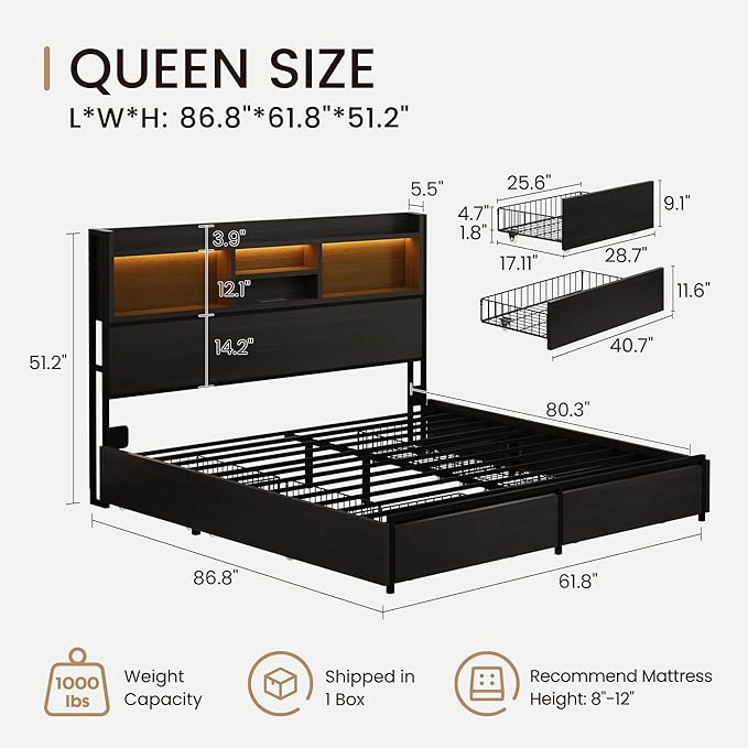 Queen Storage Bed Frame with 6 Drawers, USB Charging Station, No Noise, No Box Spring Required, Vintage Black Headboard Platform Bed