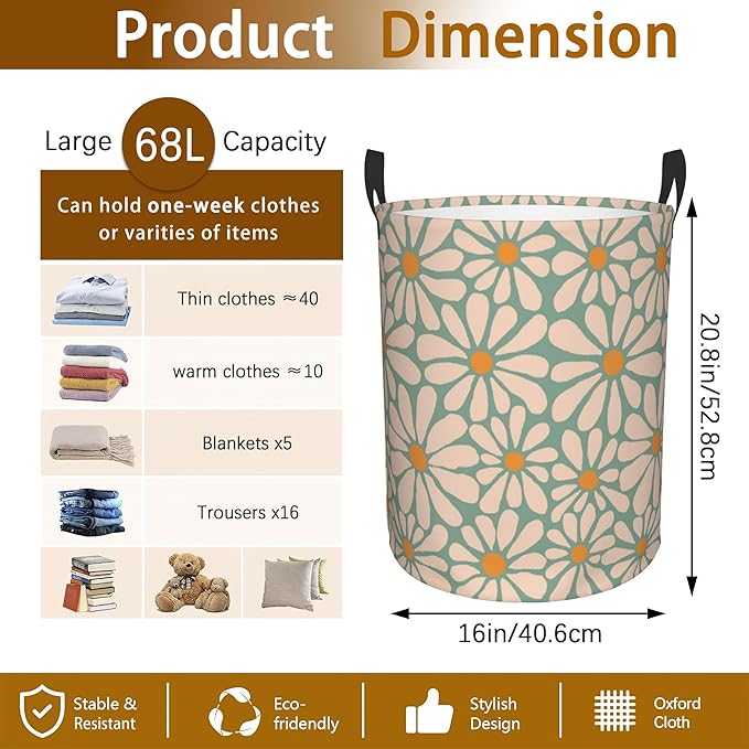 Abstract Daisy Flower Retro Groovy Flowers Laundry Basket,Waterproof Laundry Hamper,Collapsible Organizer Basket for Storage Bin Toy Bins, Dirty Clothes Laundry Basket for Living Room/Bathroom