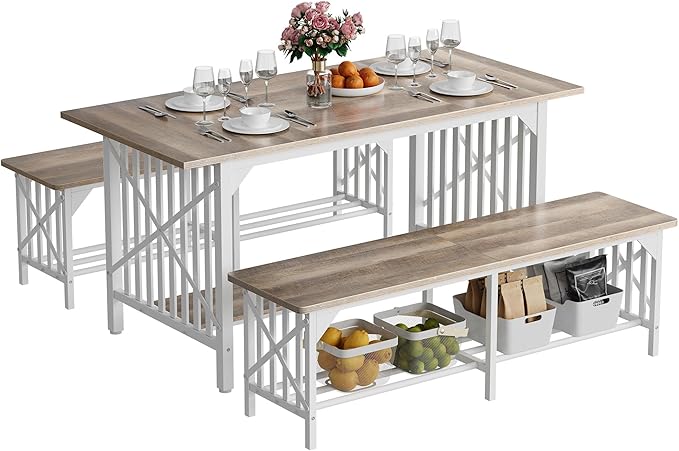 DWVO 3-Piece Dining Table Set for 4-6 People, 63" Dining Room Table with 2 Benches, Industrial Rectangular Dining Room Table Set with Storage for Kitchen, Dining Room, Washed Grey
