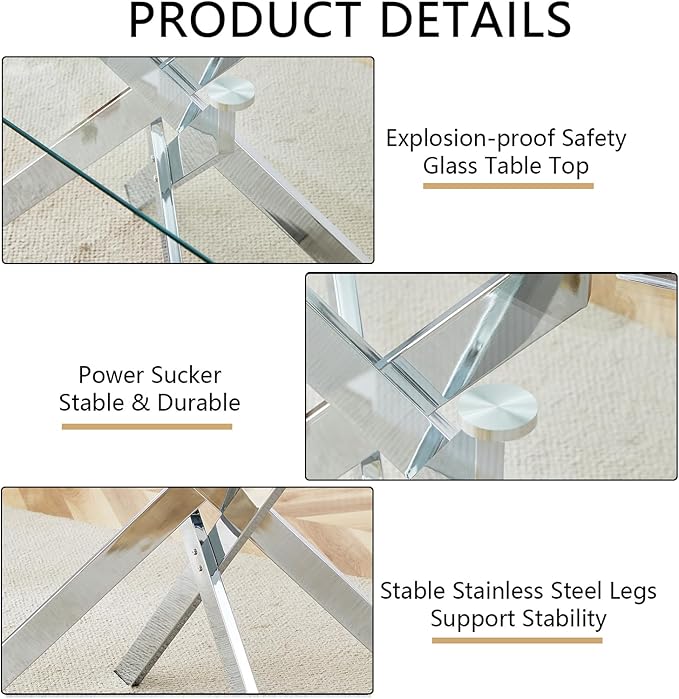 51" Rectangular Glass Dining Table Modern Kitchen Glass Top Table for 4 with Silver Metal Legs, Clear Dining Table Kitchen Table for Home Office Dining Room