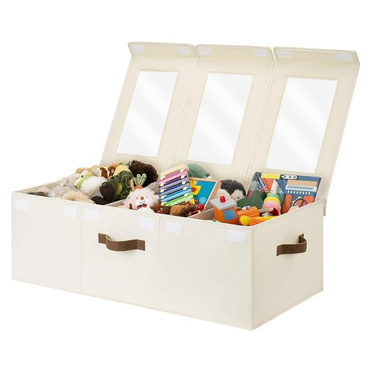 StorageWorks Large Toy Storage Bins with Lids, Collapsible Sturdy Toy Chests, Storage Chests with Dividers for Nursery, Living Room, Playroom, Bedroom, Beige