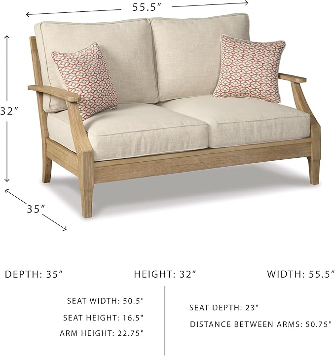 Signature Design by Ashley Clare View Coastal Outdoor Loveseat, Cushioned with Nuvella Fabric, Protective Finish, Eucalyptus Wood, 55.5" W x 35" D x 32" H, Beige