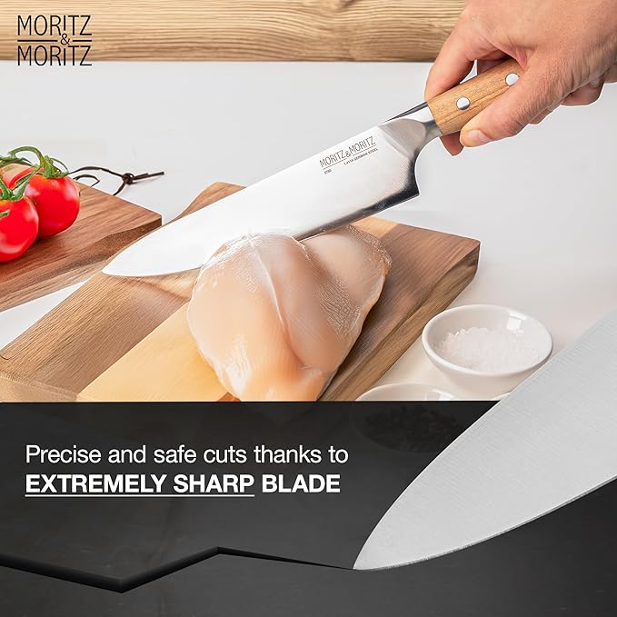 Moritz & Moritz 8-Inch Chef’s Knife, German Stainless Steel Kitchen Knife with Acacia Wood Handle, Professional All-Purpose knives for Slicing, Chopping & Dicing, Razor Sharp & Ergonomic
