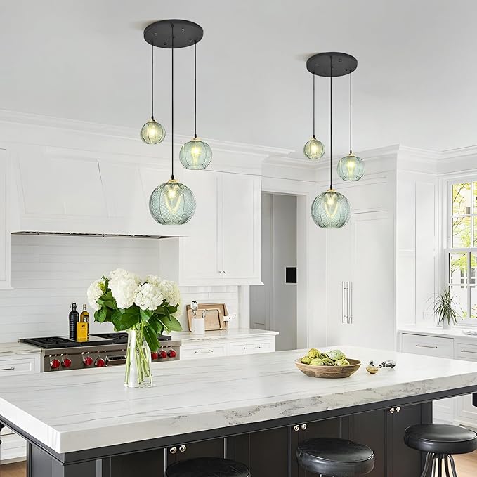 KCO Lighting Vintage Green Glass Chandelier 3 Light Pendant Light Fixtures Farmhouse Striped Glass Pendant Light Gold and Black Hanging Lights Multi Light Cluster Pendant Lighting