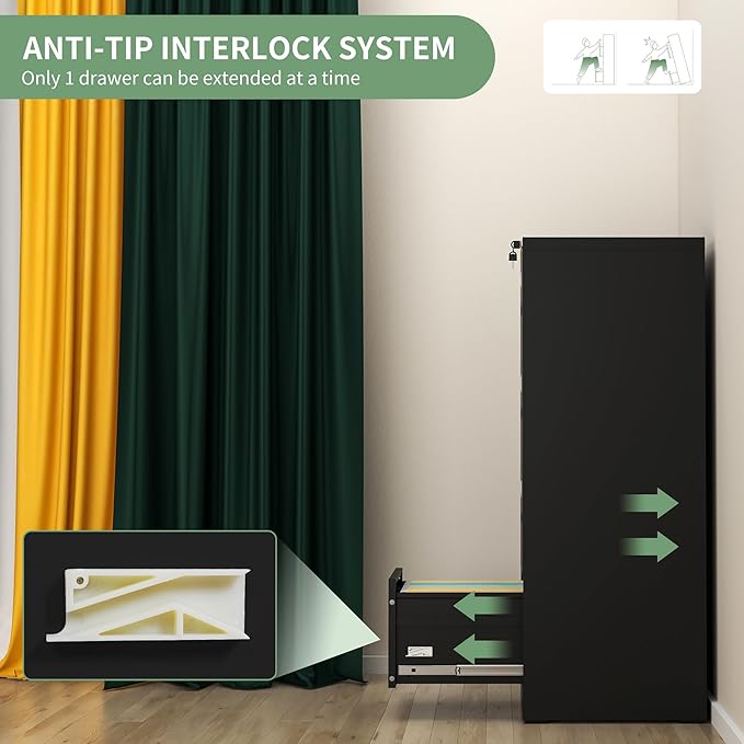 AQY 4 Drawer File Cabinet with Lock,Filing Cabinets for Home Office,Metal File Cabinet 18" Deep Vertical Storage Drawer for Hanging A4/F4/Letter/Legal Size Files, Assembly Require