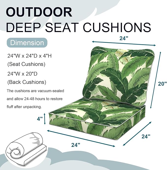 Outdoor Deep Seat Cushions Set 24 x 24 Inch for Patio Furniture,Water Resistant Chair Cushions Replacement Includes Seat Cushion & Back Pillow for Sofa, Wicker Chair - Swaying Palms Green