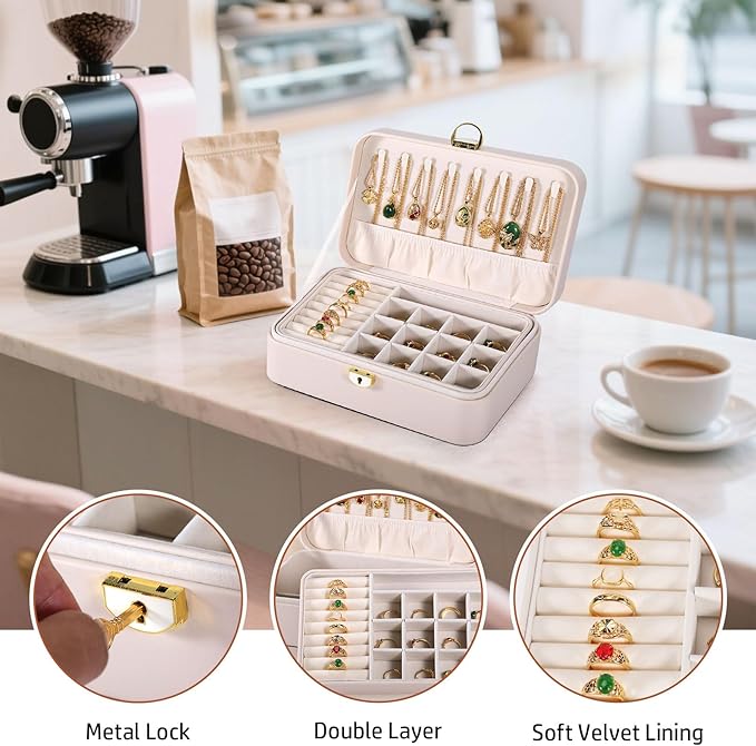 Travel Jewelry Case With Lock, 2-Layer PU Leather Jewelry Box for Women, Ring Box and Jewelry Organizer, Large Jewelry Travel Case,Best Gifts for Women for the Holidays(White)