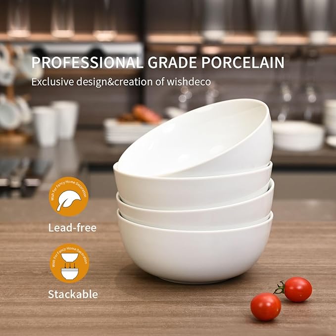 Cereal Bowls Set of 4, White Soup Bowls 20 oz, Ceramic Breakfast Bowl 6 Inch, Kitchen Bowl for Salad, Pasta, Ramen, Oatmeal, Noodle, Rice, Microwave and Dishwasher Safe