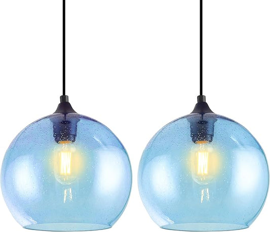 Blue Pendant Lights Kitchen Island Lighting Modern Globe Hand Blown Glass Pendant Light Ceiling Hanging Light fixtures for Kitchen Island Bedroom Living Dining Room Light Fixture,7.8in 2Pack