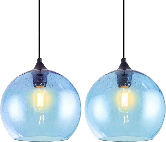 Blue Pendant Lights Kitchen Island Lighting Modern Globe Hand Blown Glass Pendant Light Ceiling Hanging Light fixtures for Kitchen Island Living Dining Room Light Fixture，9.8in 2Pack