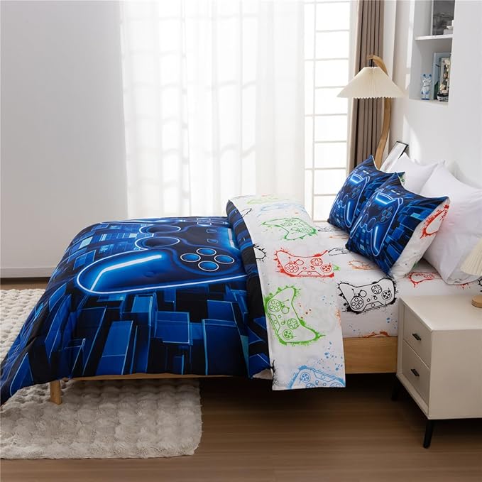 NTBED 5pcs Game Console Comforter Set for Boys Girls Kids Block Lightweight Microfiber Bedding Sets (Blue, Full)