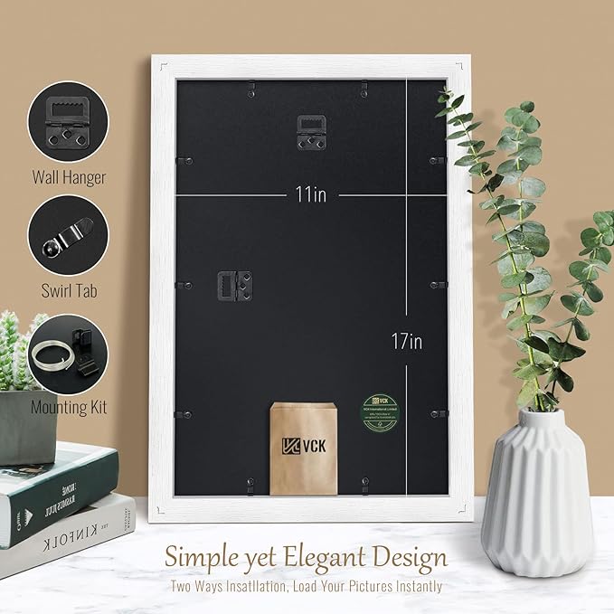 VCK 11x17 Picture Frame Set of 4 - White, Gallery-Quality Wood Poster Frames, 1.1-Inch Wide Border, Polished Plexiglass, Vertical or Horizontal Wall Display for Photo/Art/Prints, White