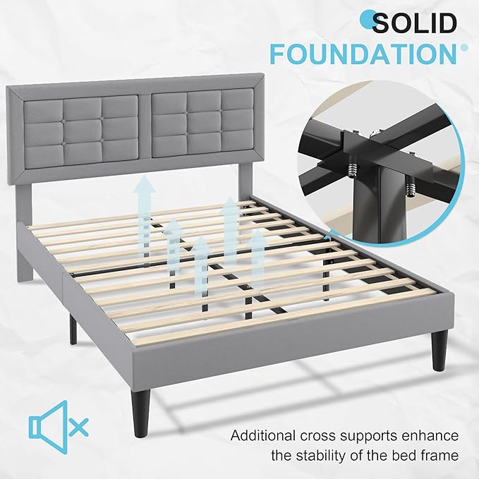 VECELO Queen Size Bed Frame with Adjustable Headboard, Upholstered Button Tufted Platform Bedframe with Wood Slats Support, No Box Spring Needed, Light Grey